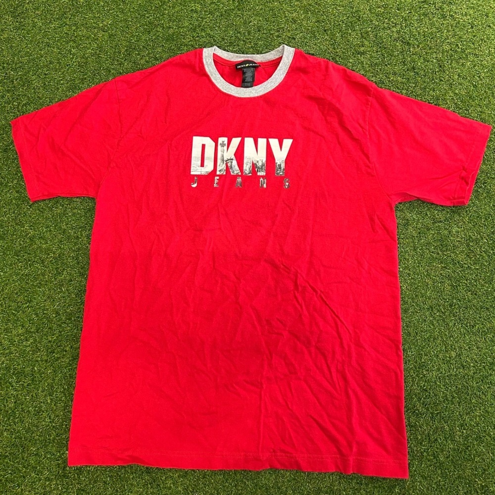 Vintage DKNY Jeans Mens Red NYC Skyline Graphic Ringer T-Shirt XL